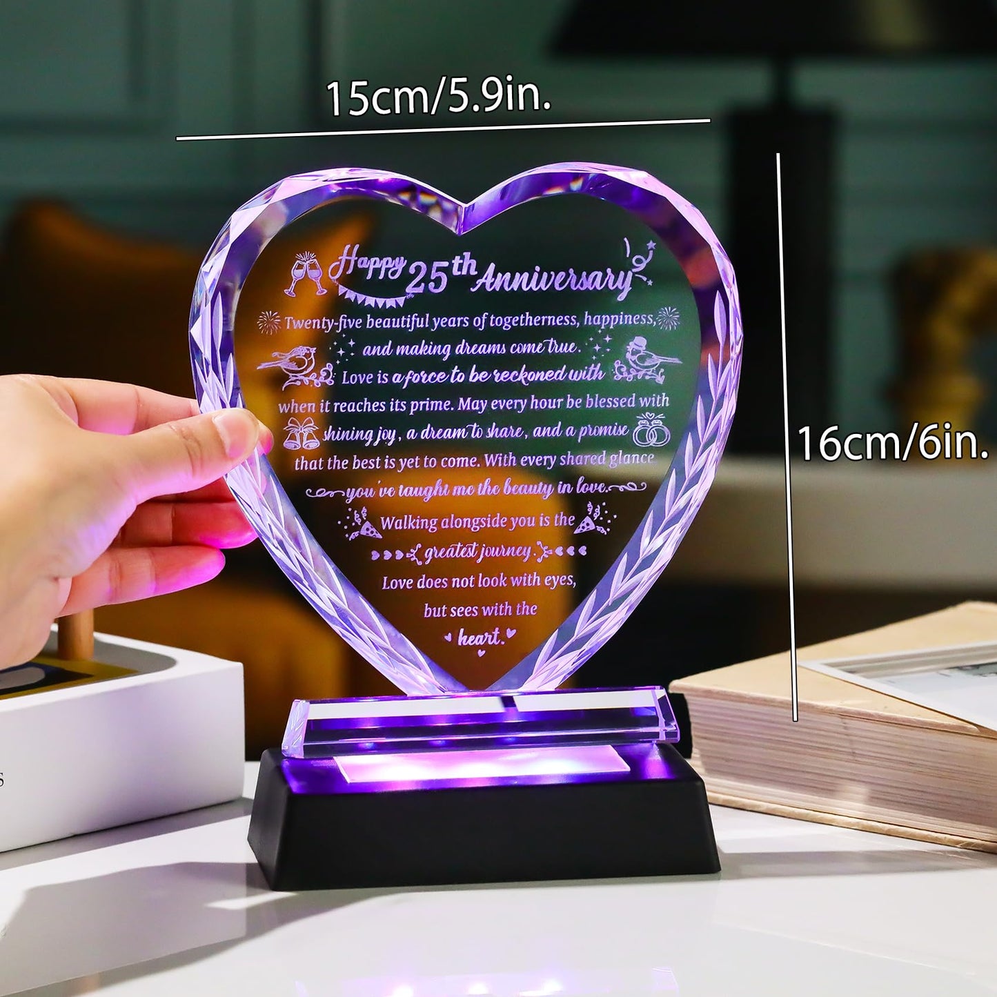 25th Wedding Anniversary Crystal Gifts for Couples, Romantic Heart Happy Silver Anniversary Keepsake Gift for Wife Husband with LED Light Base, 25 Years of Marriage for Her Him Party Decor