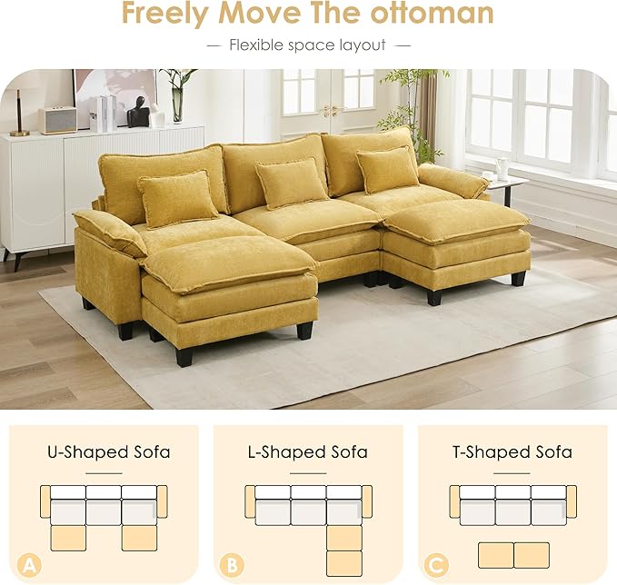 URRED Cloud Couch Modular Sectional Sofa, 122" Modern U Shaped Deep Seat Sofa with 2 Ottomans & Pillows, Ultra Comfy Chenille Couches for Living Room, Bedroom or Apartment, Yellow
