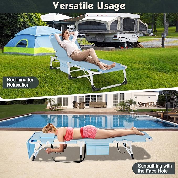 MOPHOTO Tanning Lounge Chair 5-Position, Outdoor Sunbathing Chairs Folding Chaise Lounge, Sun Tanning Lounger with Face Hole, Perfect for Pool Beach Patio Sunbathing