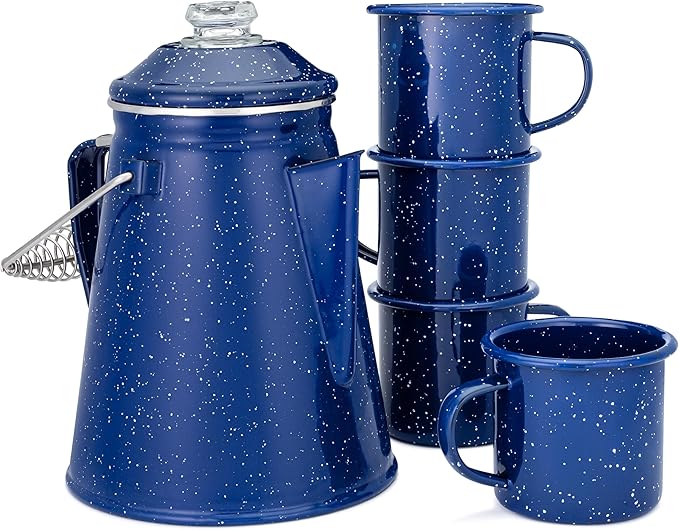 COLETTI Classic Enamel Set Coffee Percolator & Mugs — The Most Nostalgic Camping Coffee Pot, Now Modernized [Blue Enamel, ...