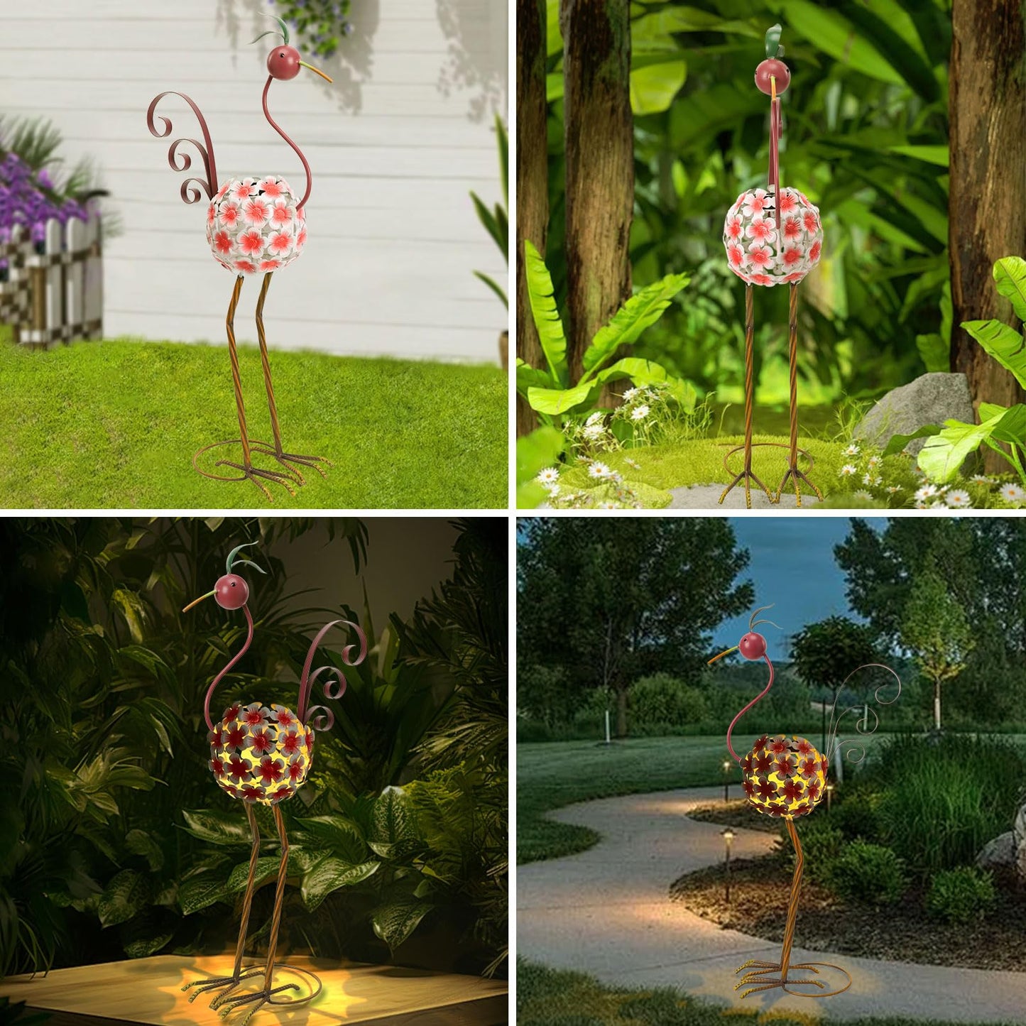 Afirst Solar Flamingo Outdoor Decor Metal Flamingo Figurine Light with Flowers Pink Flamingos Solar Sculptures & Statues for Yard Outdoor Lawn Decoration