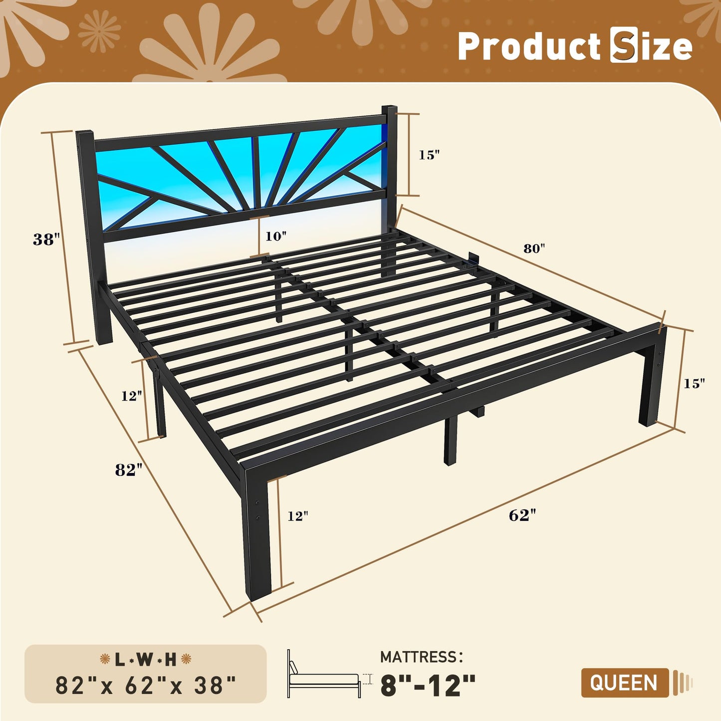 Metal Bed Frame Queen Size with LED Lights,Queen Bed Frame with Headboard,Heavy Duty Sturdy Mattress Foundation with Storage Space,Strong Metal Slats Support,Noise Free,No Box Spring Needed,Black