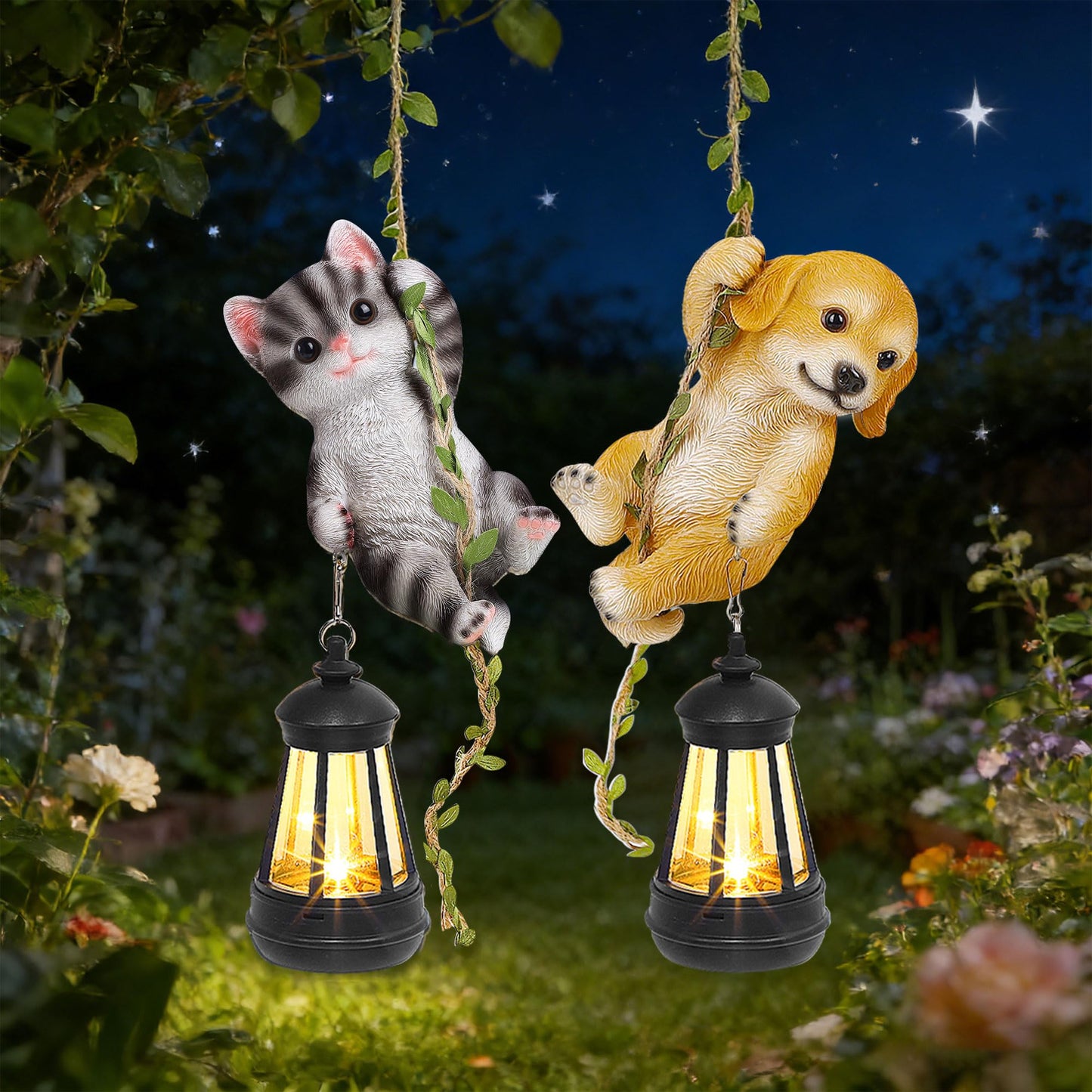 ZaaYee Set of 2 Solar Hanging Statue, Outdoor Resin Black White Cat & Golden Retriever Dog Figurine with LED Lights, Animal Ornament for Garden, Fence, Porch, Patio, Yard Decor