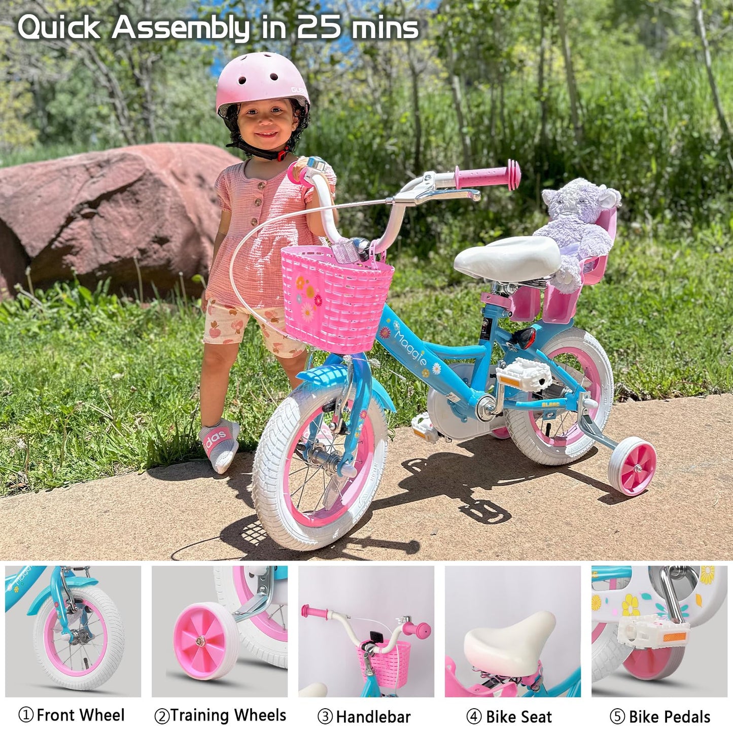 Glerc Maggie Girls Bike, 12 Inch Kids Bike for 2-4 Years Old Children, Princess Style Toddler Bike with Doll-Seat & Basket & Training Wheels, Blue