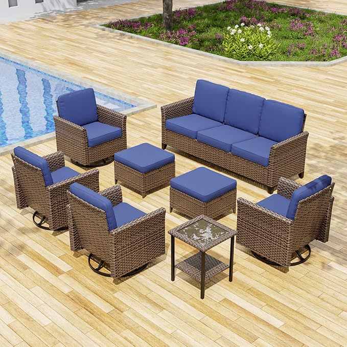 COOS BAY Harbor Retreat 8 Piece Outdoor Furniture Set, Patio Conversation Set with 4 Swivel Rocking Chairs, 3 Seat Couch, Side Table & Ottomans, Wicker Furniture, Brown/Blue