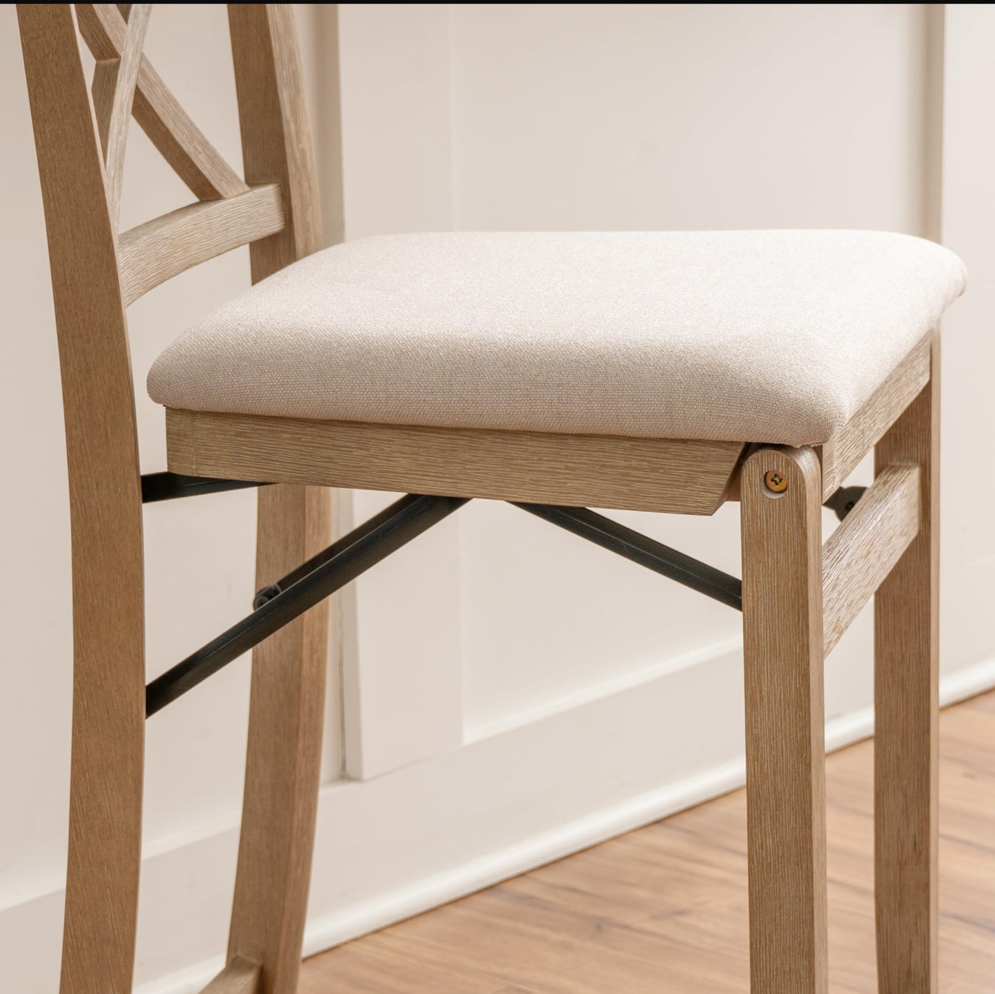 Linon Triena X Back Neutral Greywash Wooden Fully Assembled Folding 24 Inch Seat Height Counter Stool with Beige Upholstered Seat