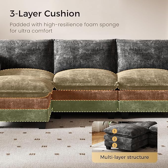 KKL 120" Modular Sectional Sofa for Living Room, U-Shaped 6 Seater Convertible L-Shaped Cloud Couch with Ottoman, Chenille Modern Sectional Couches for Living Room, Apartment, Grey