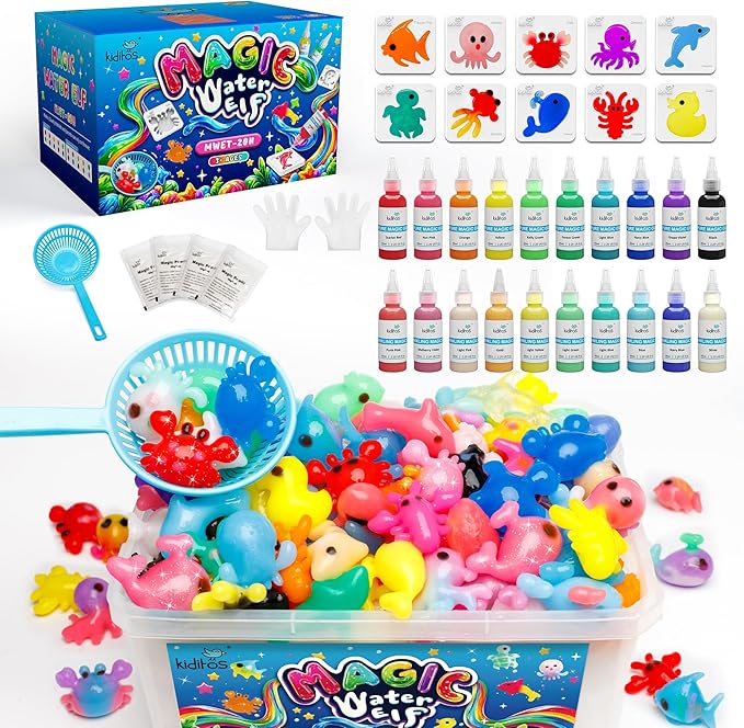 Kiditos Magic Water Elf Toy Kit–Squishies for Kids, 20 Gels & 10 Molds, Magic Gel Water Pets Sensory Toy, Fun DIY Craft Ki...