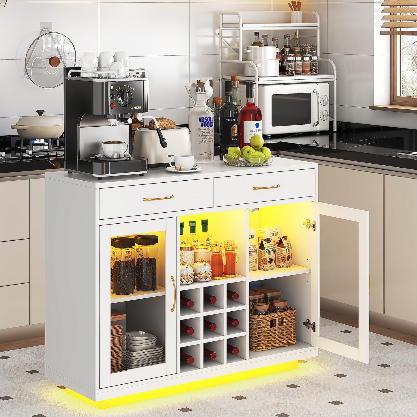 knoworld Wine Bar Cabinet with LED Lights, Liquor Cabinet with Wine and Glass Rack, Wine Cabinet Coffee Bar Cabinets, Kitchen Buffet Sideboard with Storage for Living Room, Dining Room