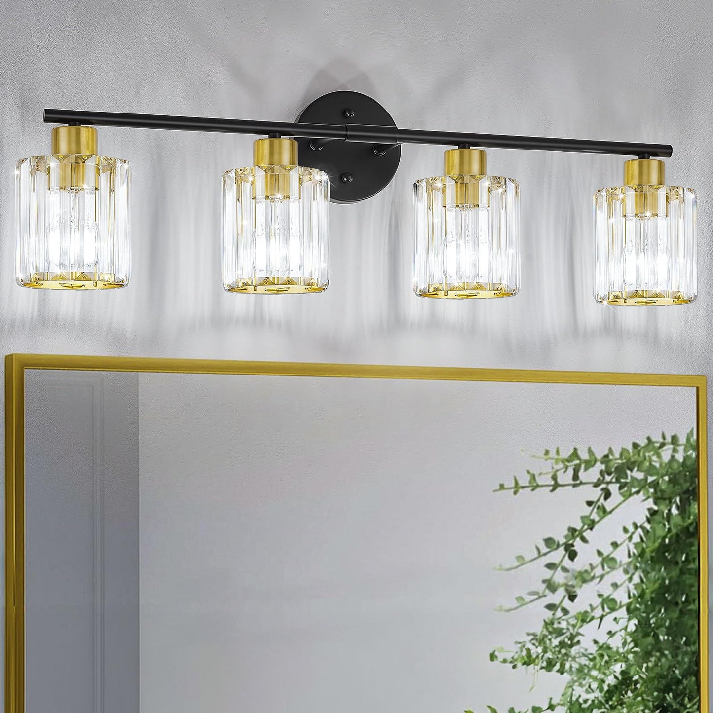 Kvhiiw Crystal Bathroom Light Fixtures, Bathroom Lighting Fixtures Over Mirror, Modern Black Gold 4-Light Vanity Lights for Mirror, Restroom, Bedroom (Ceramic E26 Socket,Bulbs Not Include)
