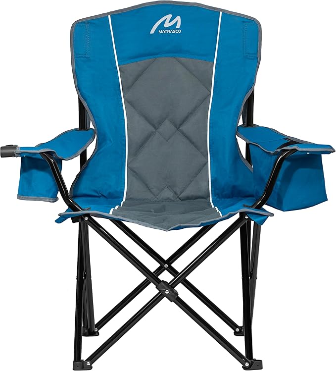 Matrasco Oversized Padded Camping Chair, Heavy-Duty Steel Frame for 450 lbs Supports, Convenient 6-Can Cooler, Portable Carry Bag, Perfect for Outdoor, Beach, and Hiking (Blue & Gray)