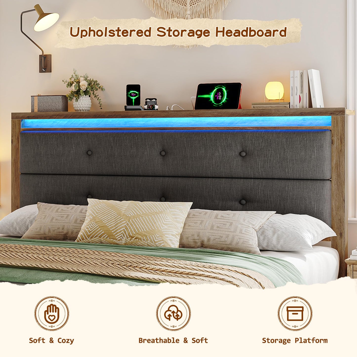 EnHomee Queen Bed Frame, Queen Size Bed Frame Solid Wooden Platform with Built in Charging Station & Upholstered Headboard LED, No Noise, Easy Assembly, No Box Spring Needed