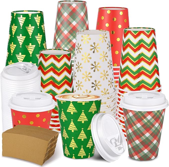 300 Pcs/100 Sets Christmas Coffee Cups with Lids and Sleeves 12 oz Disposable Christmas Paper Cups Party Drinking Cups for...
