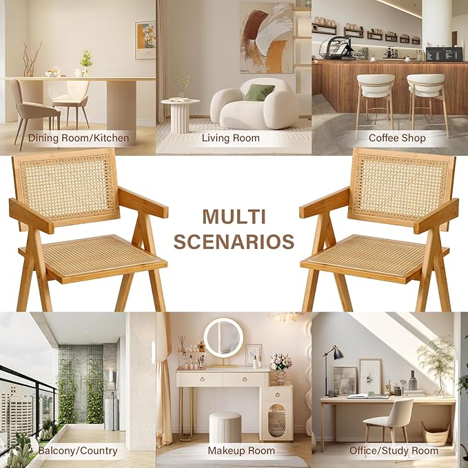 Furlide Rattan Dining Chairs Set of 4, Modern Mid Century Accent Chairs, Comfy Armchairs, Outdoor Rattan Chairs with Armrest for Bedroom Living Room Reading Room Dining Kitchen