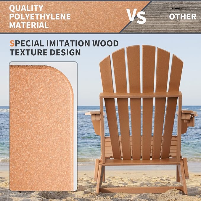 FUNBERRY Folding Adirondack Chair, All Weather HDPE Fire Pit Chairs with Cup Holder for Outdoor