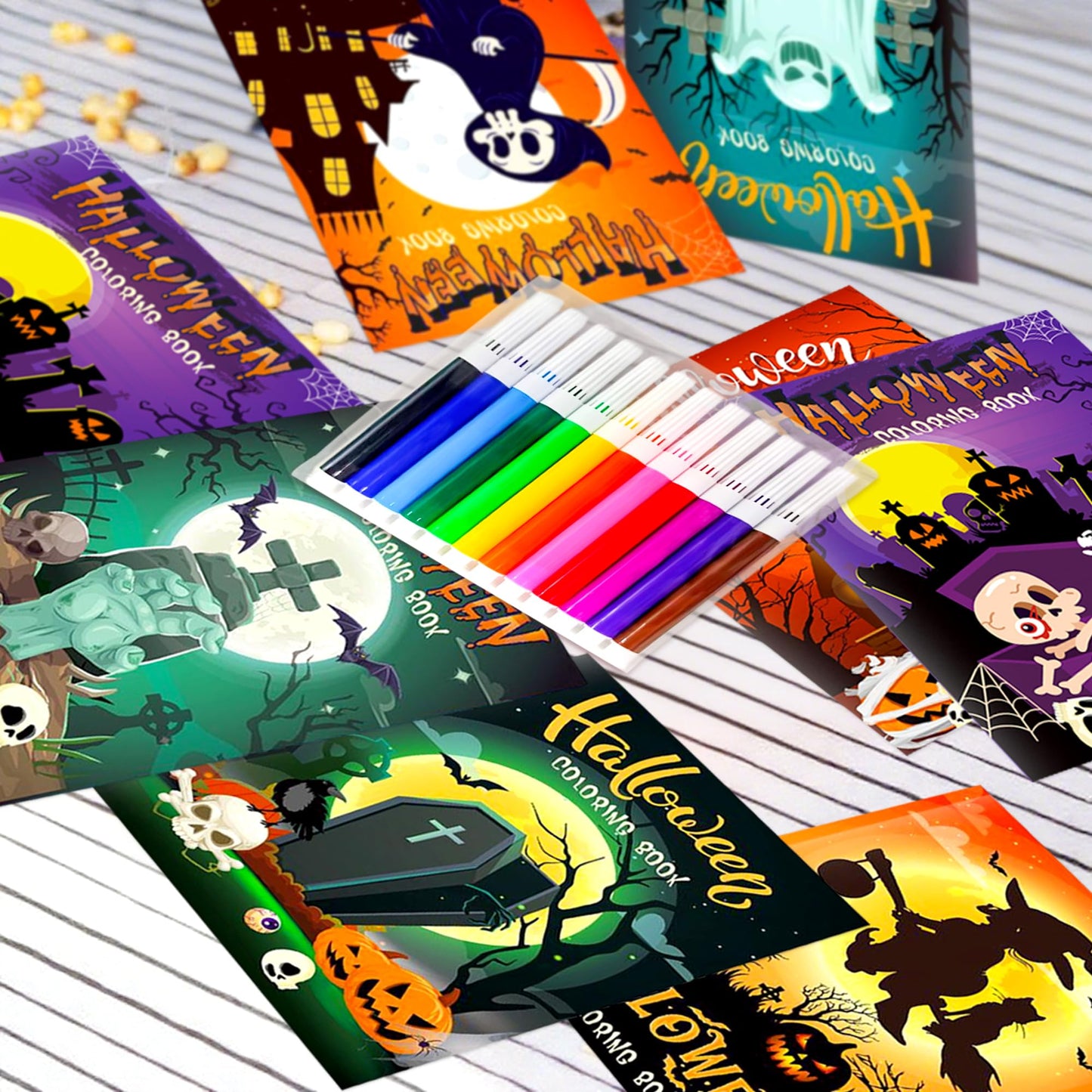 Mini Coloring Books with 9pcs Paint Pens Kids Halloween Books for Children Mini Ghost Pumpkin Coloring Booklet Party Bag Fillers