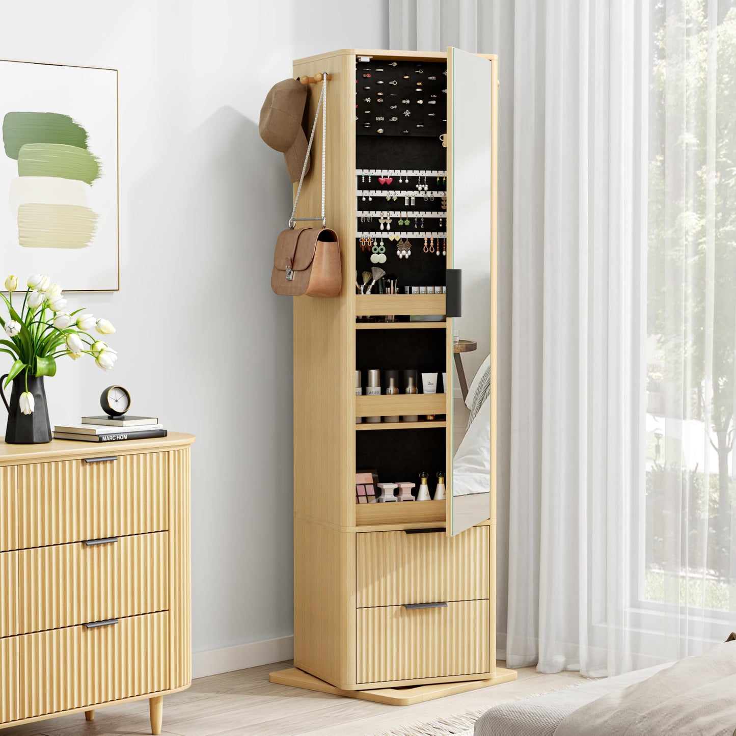 IRONCK 360° Rotating Full-Length Mirror Cabinet with Jewelry Storage, 4-Shelf Bookcase & Hooks, Wave Design, Under 20x20 inches for Small Spaces, Oak