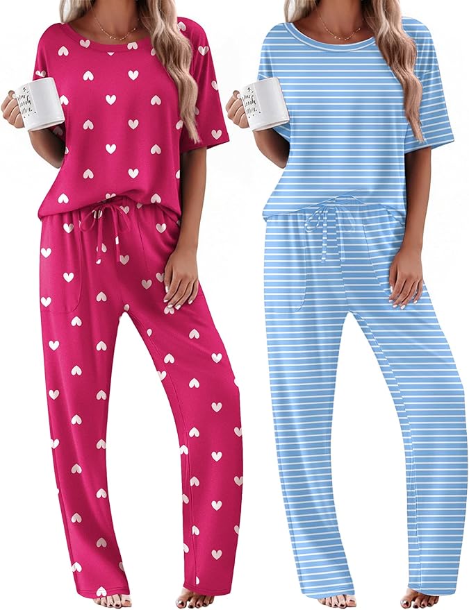 Ekouaer 2 Pack Womens Pajama Sets Short Sleeve Tops and Long Pants Casual Comfy Pjs Lounge Set with Pockets,S-XXL