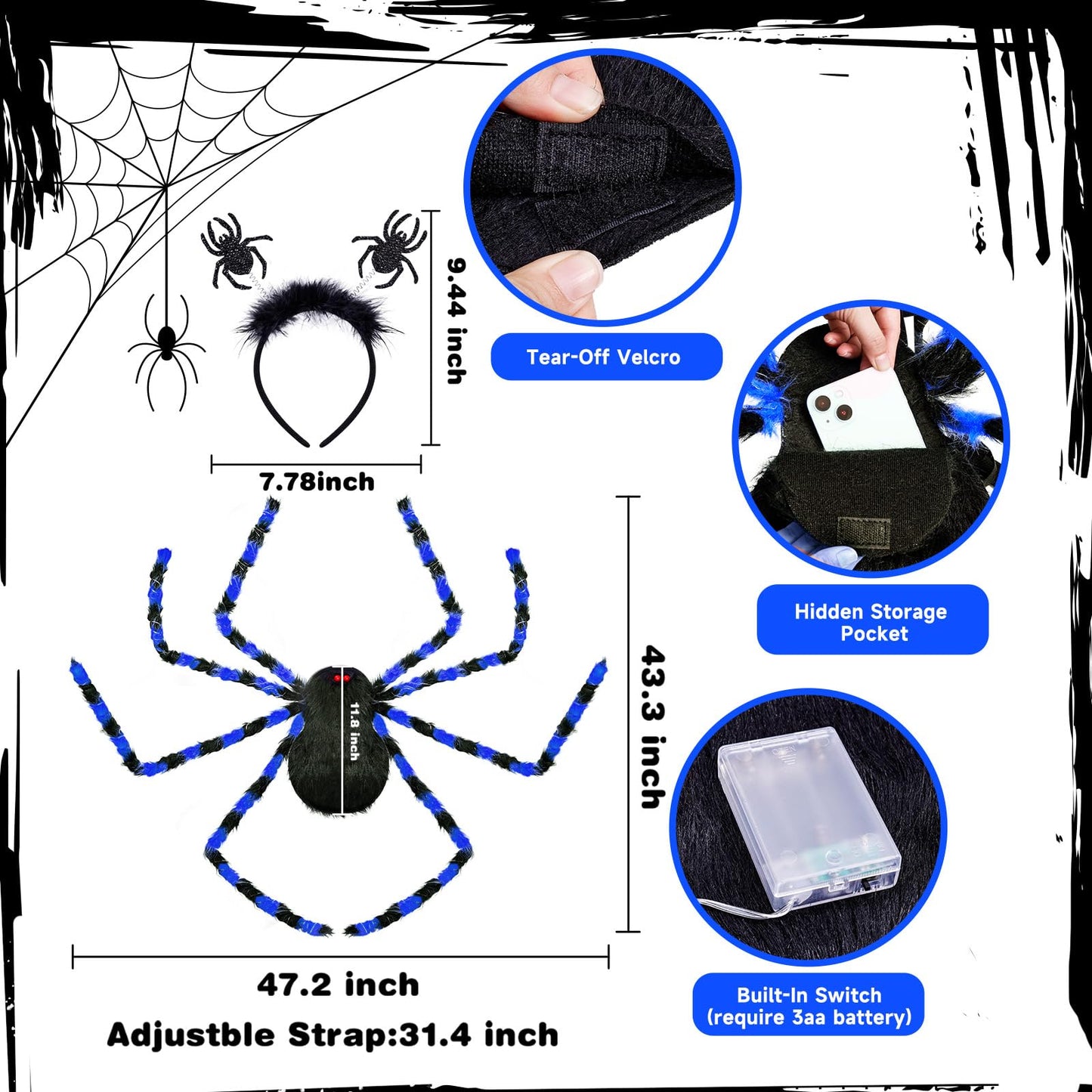 Thuodo Halloween Giant Spider Costume for Kids Adults, Blue 60 LED Light-Up Spider Candy Backpack with Headband Halloween Decorations and Party Props– Battery Required