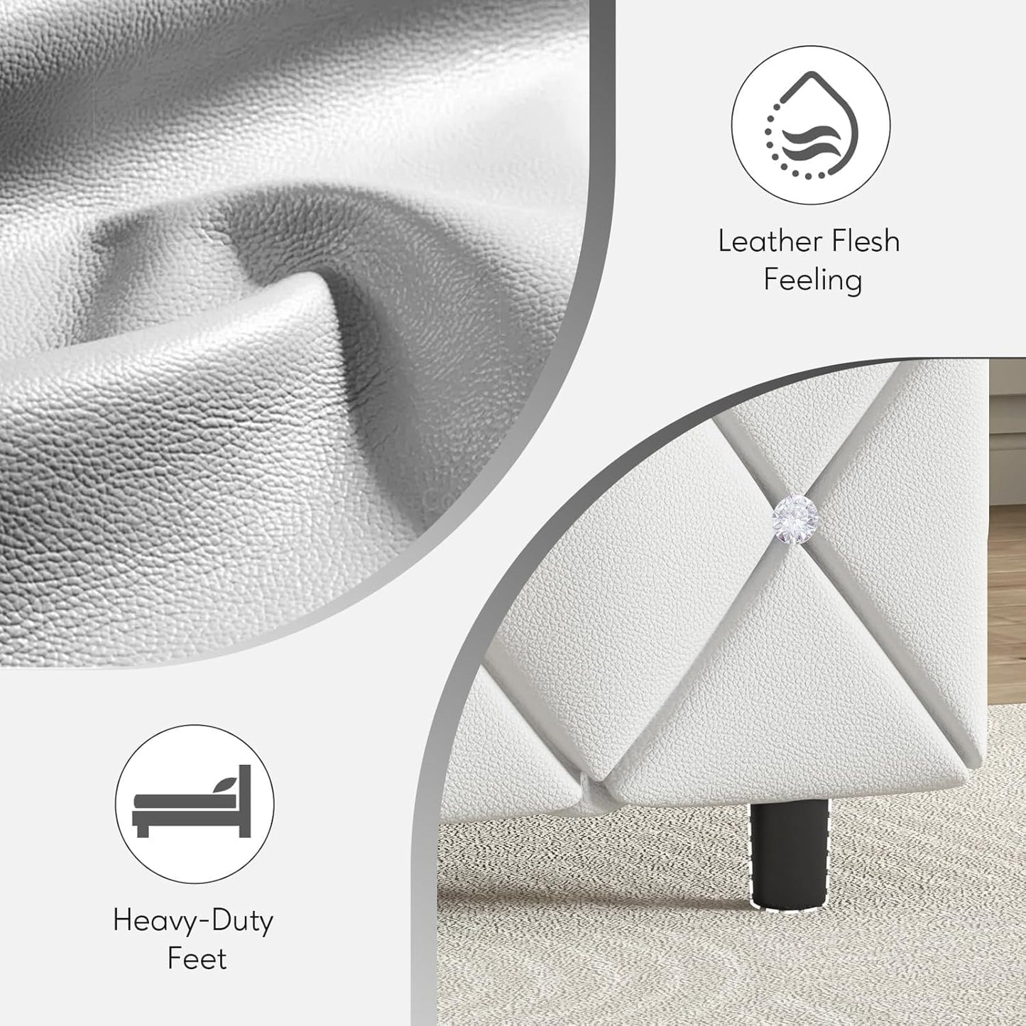 HOMBCK Twin Bed Frame with Diamond Headboard, Faux Leather Upholstered Platform Bed, Mattress Foundation, No Box Spring Needed, Easy Assembly, Pearlized White