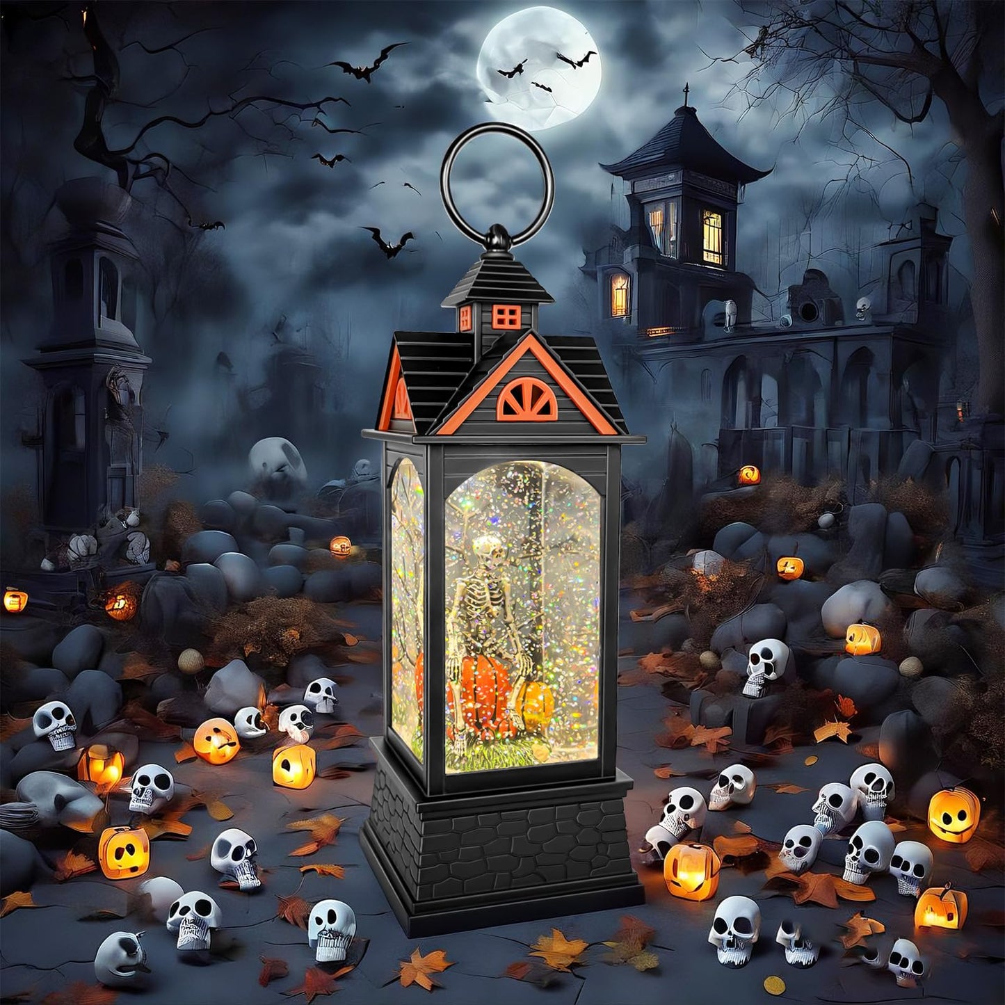 AOMIL Halloween Snow Globe Lantern, Spooky Ghost Halloween Decor, Plug-in & Battery Operated Snow Globes for Halloween Decorations Indoor