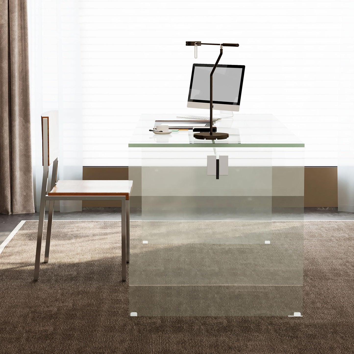 gaoyangjiaju Clear Tempered Glass Writing Desk – Minimalist Modern Computer Table with Metal Joints for Home Office or Study