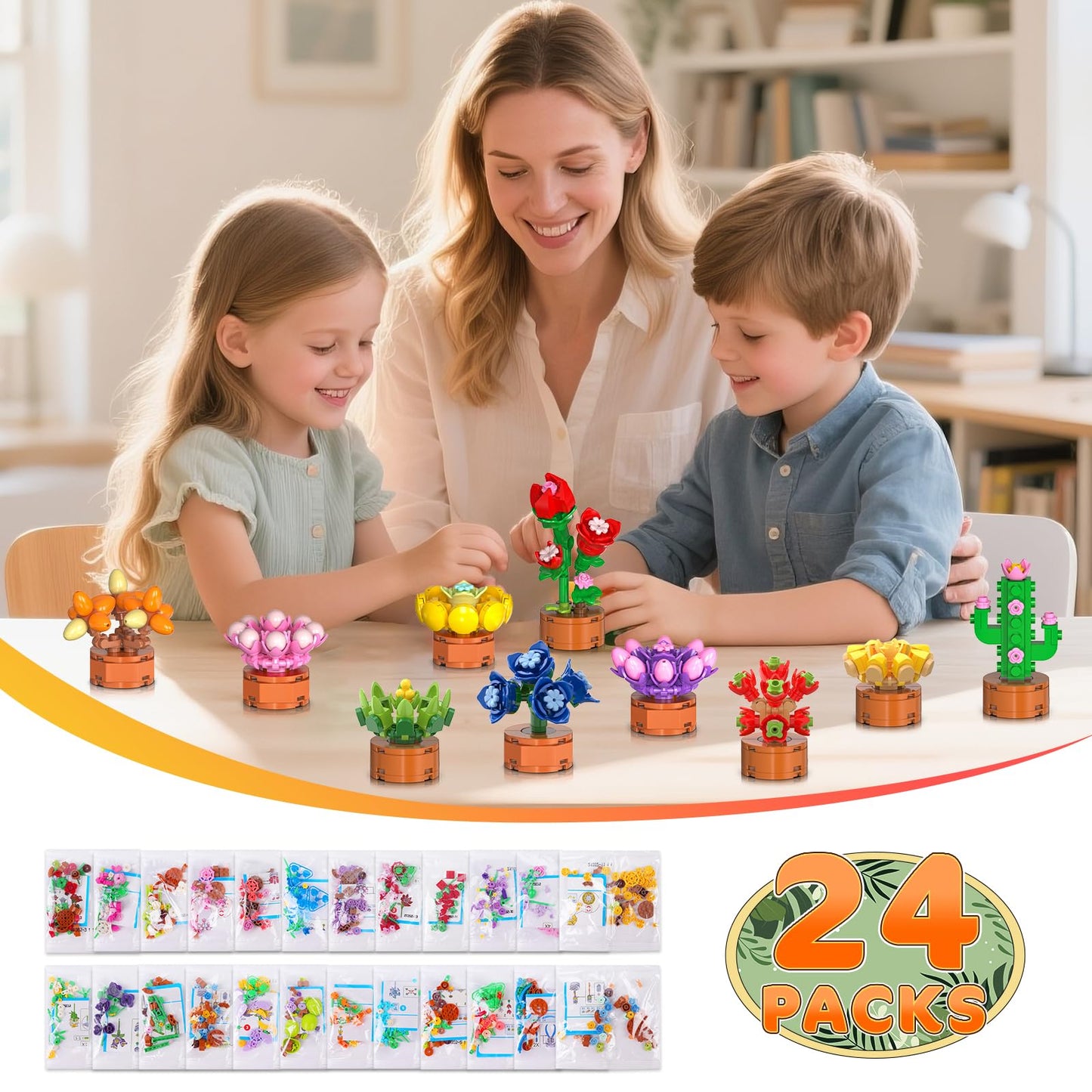 24 Pack Flowers Succulents Party Favors for Kids Building Set - 1012 PCS Botanical Bonsai 3.6MM Mini Building Blocks Toy for Classroom Prizes Easter Basket Stuffers Birthday Gift for Girl Boy Ages 6+