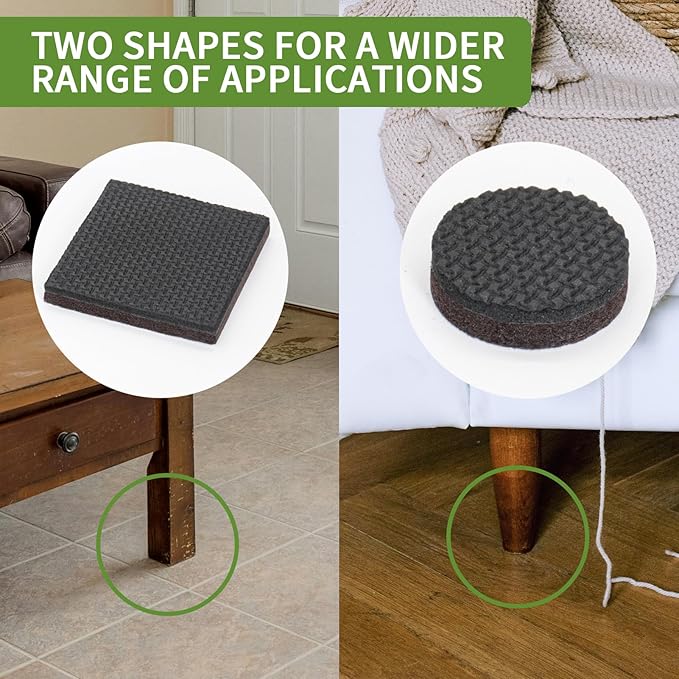 COVERCORNER Non Slip Furniture Pads 60 PCS - 36 pcs 1” Round + 24 pcs 2" Square - Anti Slip Furniture Pads - Self Adhesive Rubber Feet Furniture Feet - Chair Leg Floor Protectors