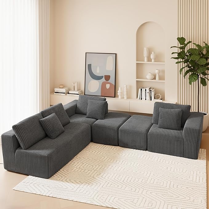 SEENYOO 132" U Shaped Modular Sofa, 4-Seater Sectional Cloud Couch with Chaise, Soft Corduroy Boneless for Living Room, No Assembly Required, Free Configuration,Grey