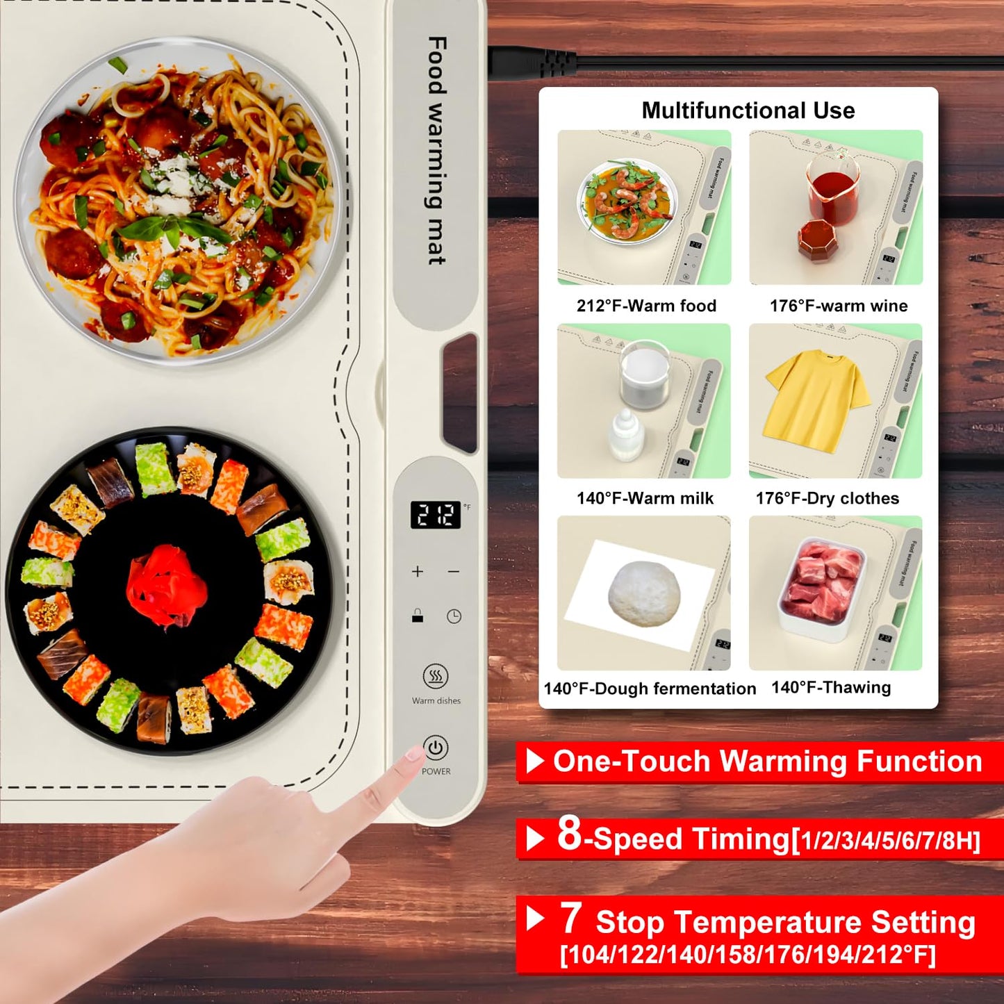 Electric Warming Tray&Food Warming MatFast Full Surface Electric Warming Tray with 7 Temp-Settings & 8H Timer, Portable Roll Up Food Warmer for Gatherings (Beige, 24''X15'')