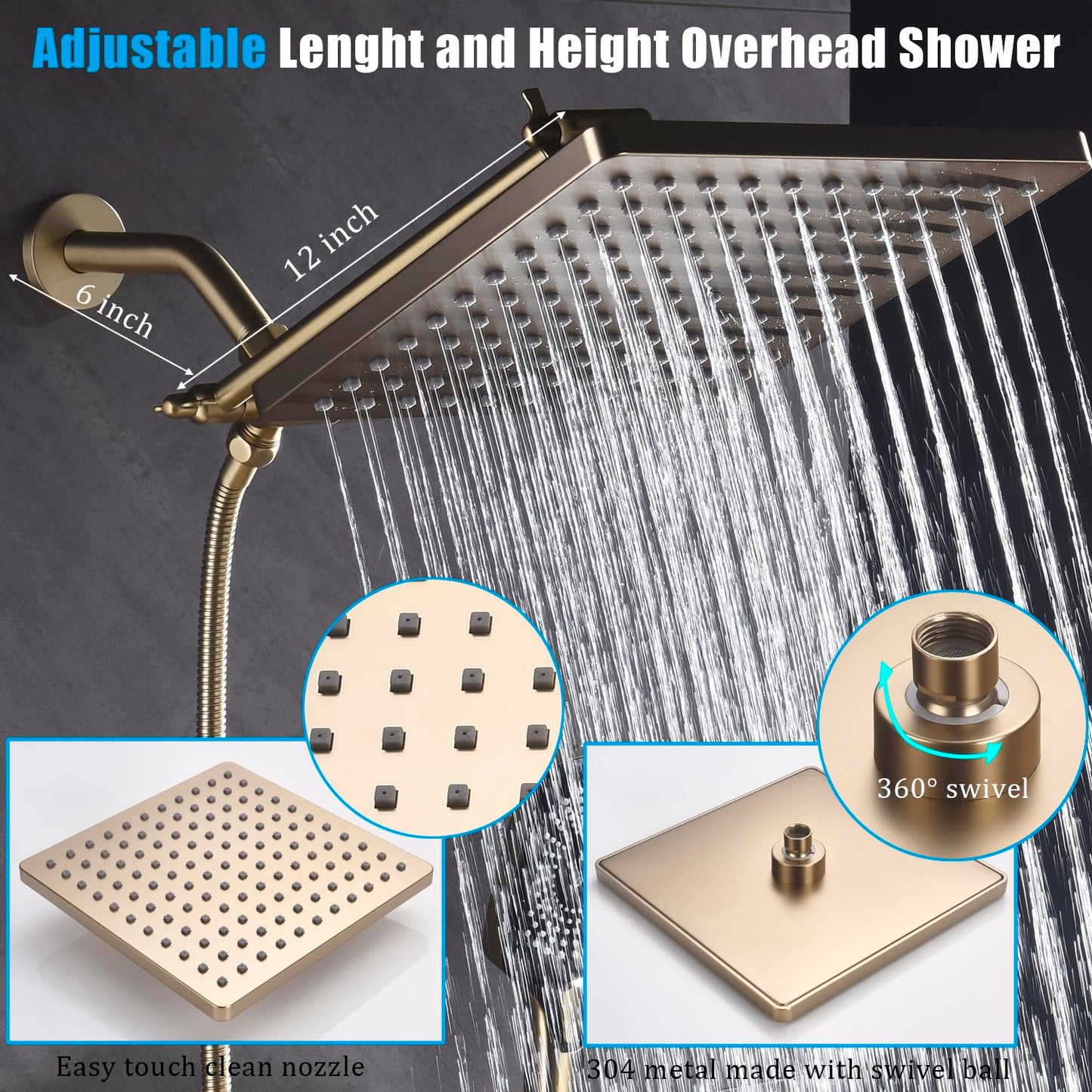 SUNZOE Shower Faucet Set with Tub Spout Brushed Gold 10 Inch Rainfall Shower 4 Setting Spray Mixer Shower System Modern Luxury Wall Mounted Tub Shower Faucet Set Rough-in Valve Body (Brushed Gold)