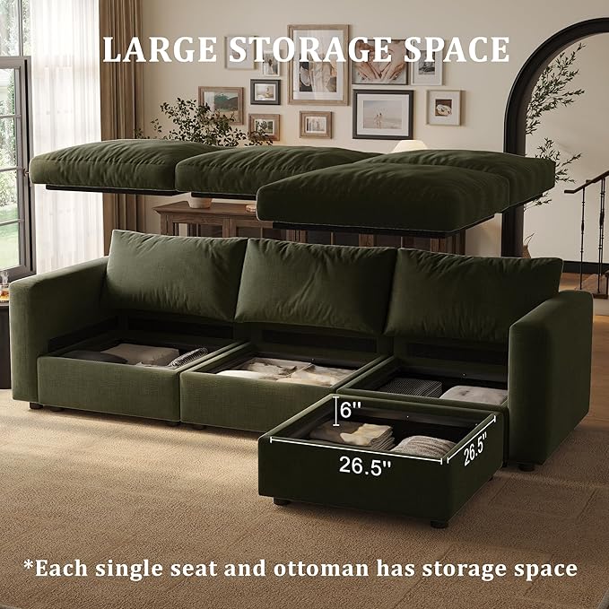 Cloud Modular Sectional Sofa Couch with Storage Ottoman, 99" Oversized Sectional Couches for Living Room, Cloud Modular L-Shaped Sofa with Chaise, 4 Seater, Chenille, Green