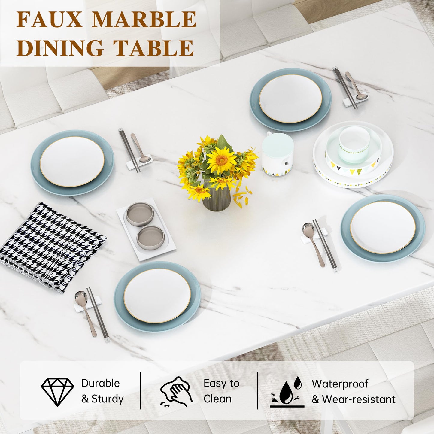 AWQM Dining Table Set for 4,Faux Marble Kitchen Table and Chairs Set of 4, Modern Dining Room Table Set for 4,Dinner Table with 4 Leather Chairs, Dinette Set for Small Spaces,White