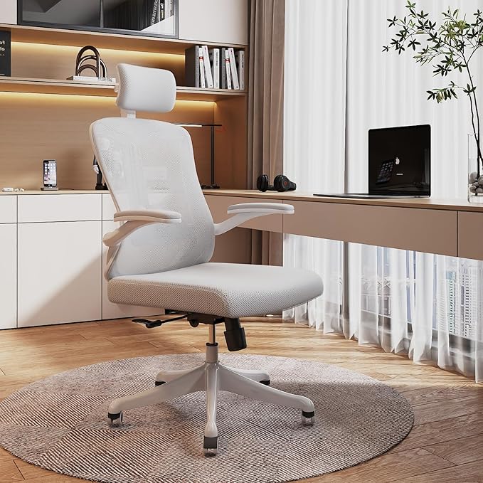 balmstar Office Chair,Ergonomic Comfy Home Desk Chair with 350LBS Capacity,High Back Gaming Chair with Wheels,Mesh Computer Chair,Lumbar Support, Adjustable Headrest,Flip-up Armrest (A-gray + White-1)