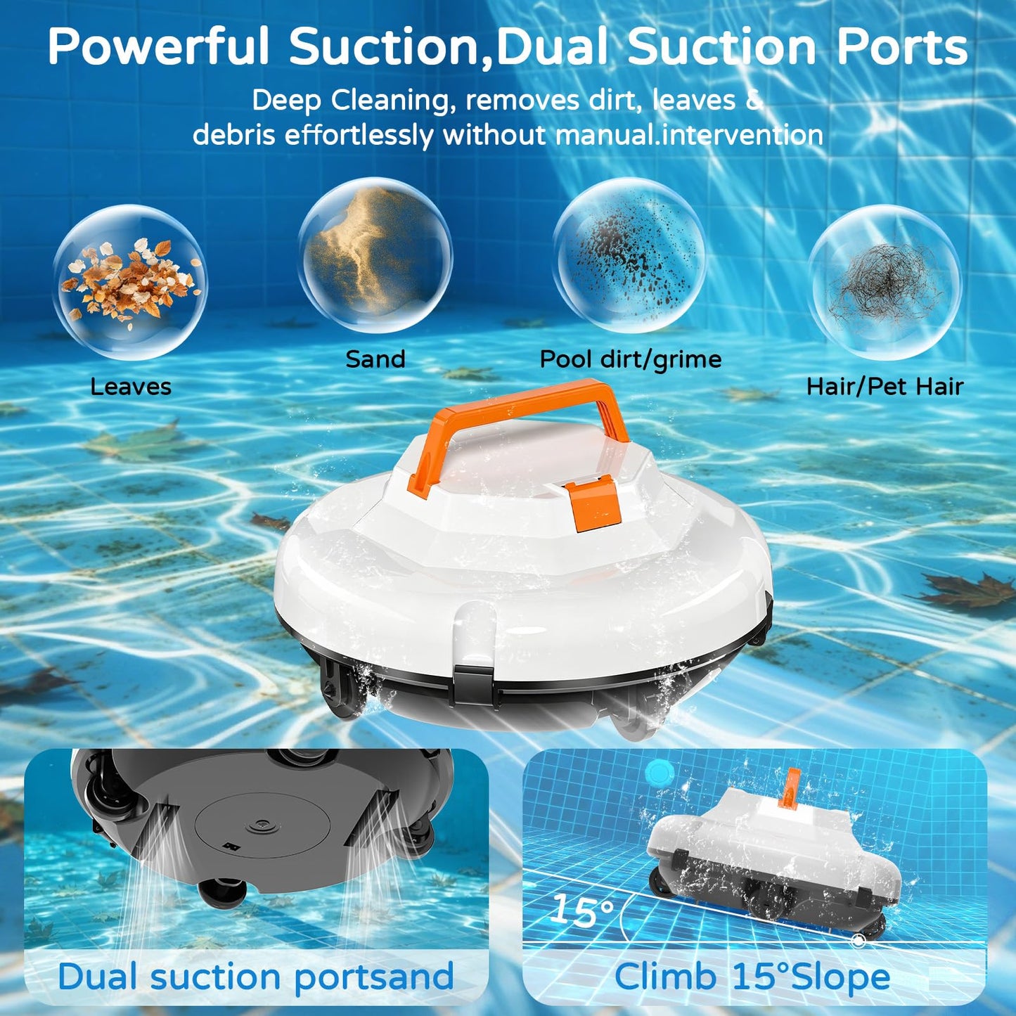2026 NEW Cordless Robotic Pool Cleaner, Automatic Robotic Pool Vacuum Cleaner with Dual Motors, 130mins Runtime & Auto Docking Pool Vacuum Robot for Inground Pools Up to 1100 Sq.Ft, JQR-V201, White