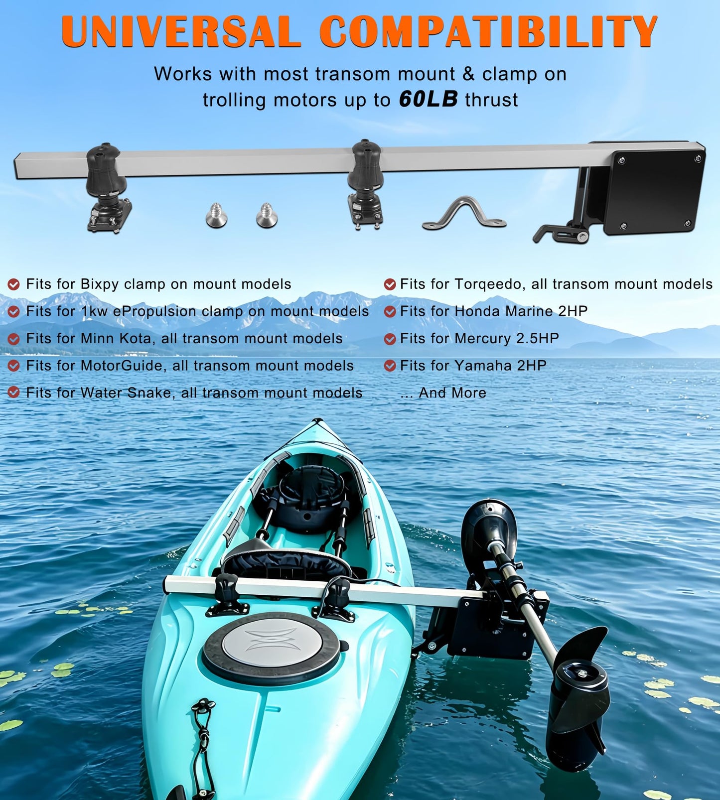 Bonbo for Kayak Trolling Motor Mount 04-4091-11, Adjustable & Universal Transom Motor Mount Bracket Fits for Most Kayak Clamp-on Electric Trolling Motors Up to 60lbs Thrust