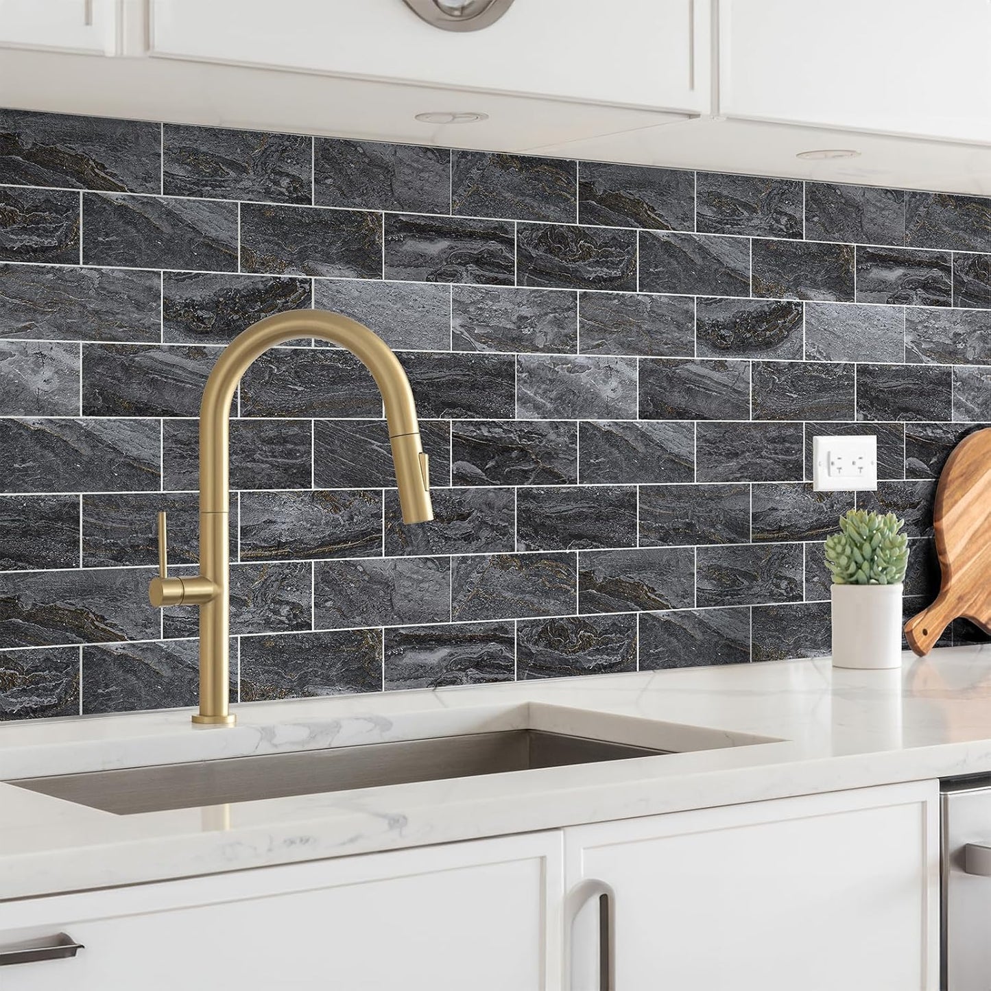 4 Pieces Peel and Stick Backsplash for Kitchen, 3" x 6" PVC Subway Tile 2025 Upgraded Gray-Gold Stone Backsplash Stick on Tile Elevate Kitchen Fireplace RV