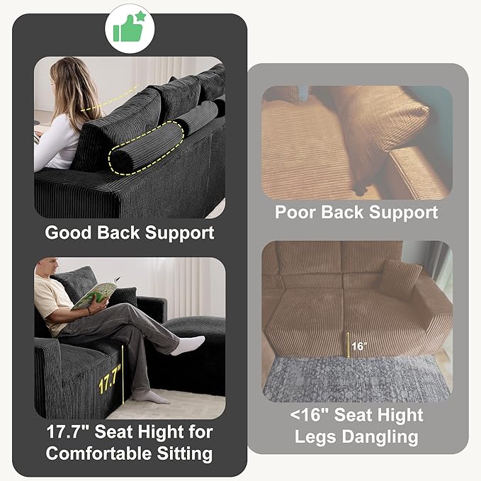 Myroyalsit 108" Modular Sectional Sofa, Compression Sofa with Deep Seat, Modular L-Shape Couch with Chaise, Upholstered Couches for Living Room Bedroom, No Assembly Required (Black, 108" L Shape)