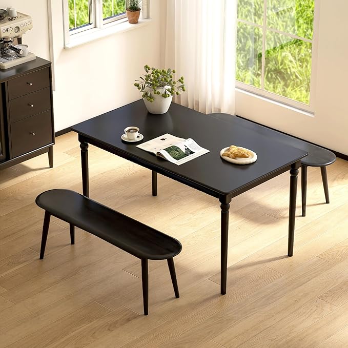 Vadisun 47'' 100% Solid Oak Wood Dining Bench,Rounded Corner Baguette Shape Chair Surface Design,Entryway Bedroom Bed End Bench (47.3inch, Black)