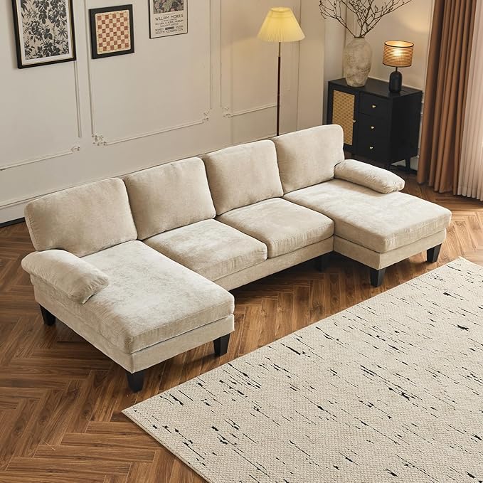 VINGLI 110" Sectional Couches for Living Room,U Shaped Couch with Double Chaise, 4-Seat Sofa Set with Chenille Fabric for Home Furniture,Light Khaki