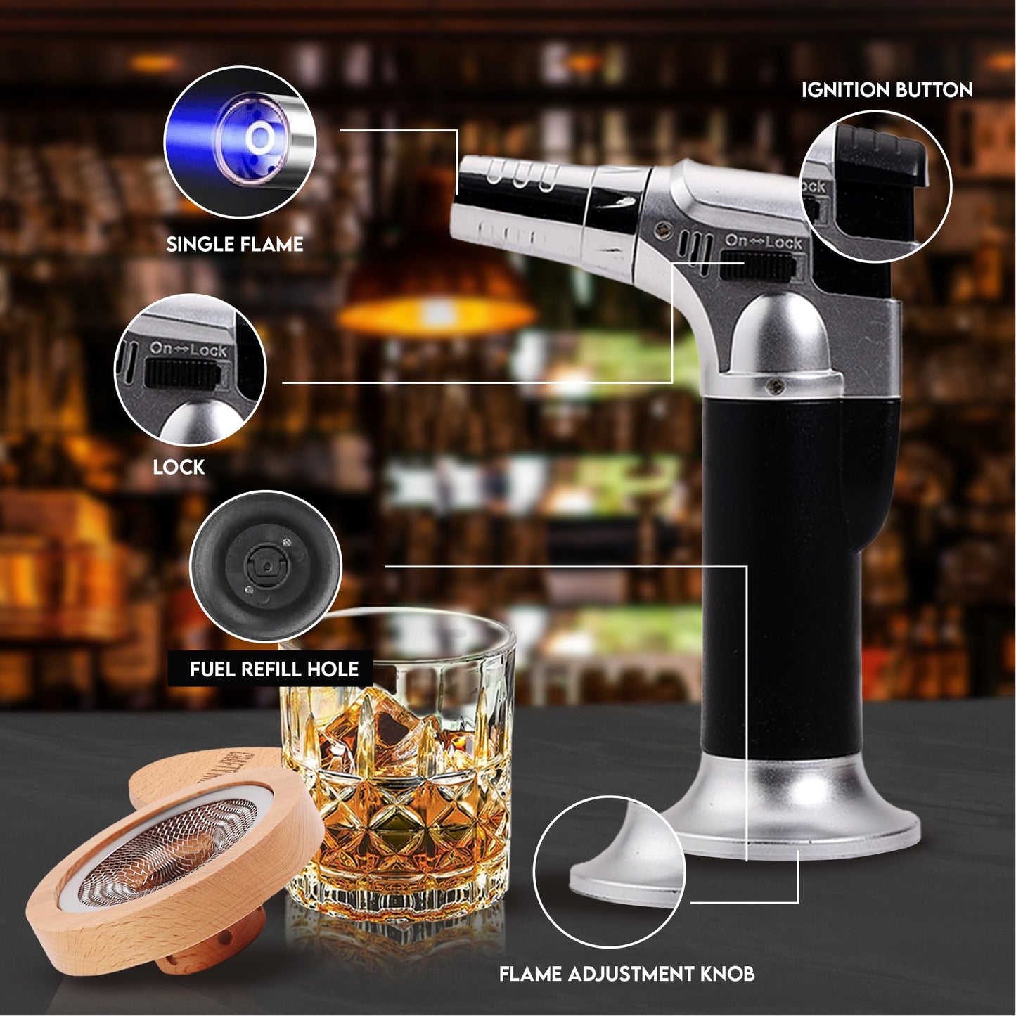 Whiskey Smoker Kit with Torch – 6 Wood Chip Flavors & 2 Glasses – Cocktail Smoker Infuser Set for Old Fashioned and Bourbon– Birthday Gifts for Men, Dad, Husband and Boyfriend(Butane Not Included)