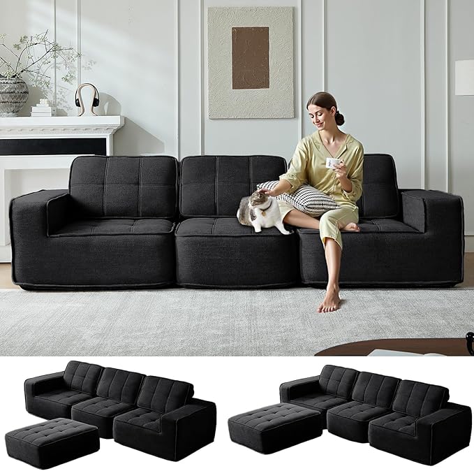 108" Boneless sectional Couch for Living Room,Convertible L-Shape Fleece Couches with Ottoman, Cloud Modular Sofa with Deep Seat for Bedroom, No Assembly,Black
