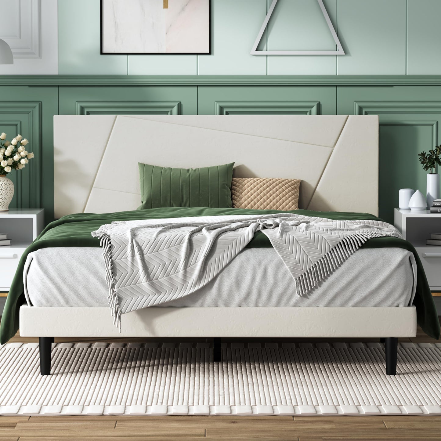 IOILORI Queen Size Bed Frame, Queen Platform Bed Frame with Velvet Upholstered Headboard, Geometric Pattern, Sturdy Frame and Slats, Noiseless, No Springs Required, Easy to Assemble