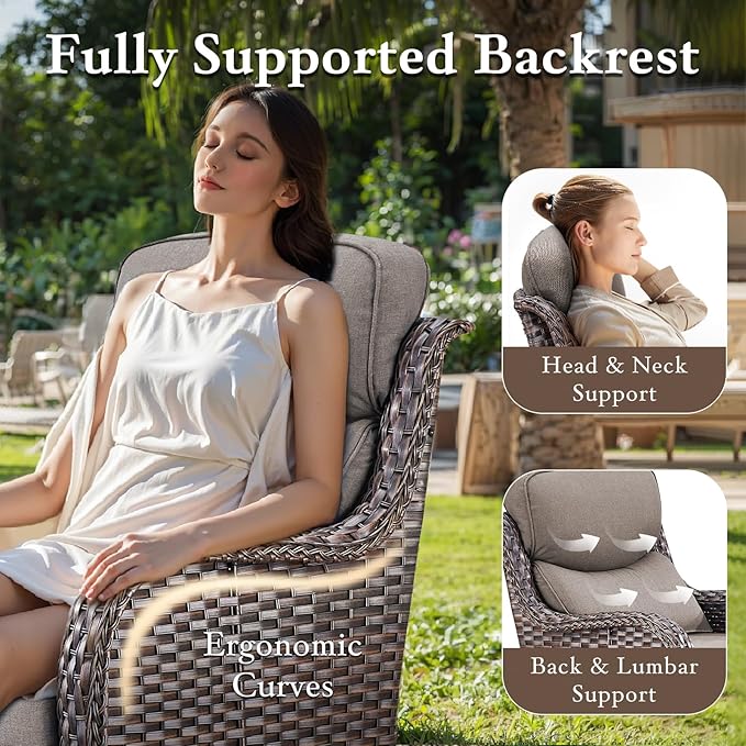 moosprr Luxury High Back Outdoor Furniture with 6-inch Extra Thick Cushions, Patio Furniture Set with Swivel Chairs, 7 PCS Wicker Conversation Set for Yard, Deck, Poolside, Brown/Grey