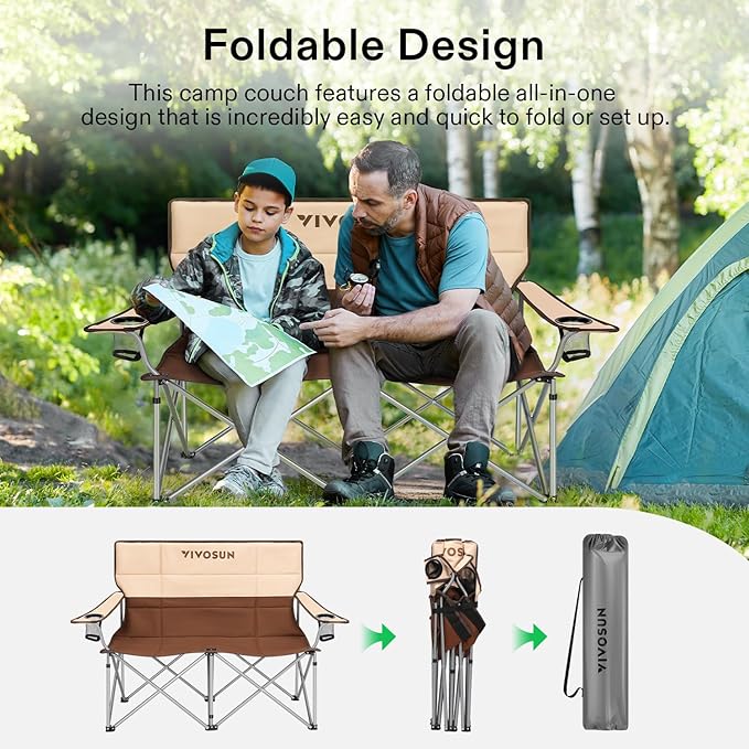 VIVOSUN [outlets] Double Camping Chair, Fully Padded Folding Loveseat, Portable Oversized Duo Chair with Storage Cup Holders, Height-Adjustable Armrests & Carry Bag, Supports up to 500lbs