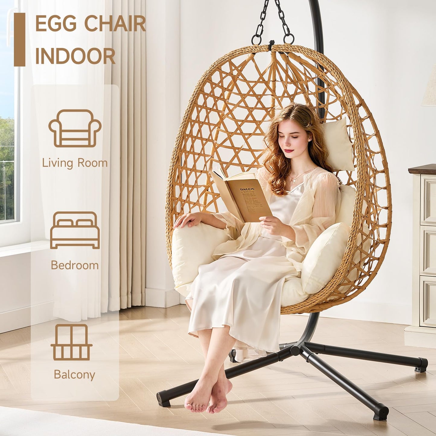 ONBRILL Egg Chair with Stand, Wicker Rattan Swing Hammock Chair with Fine Lace & Cushion, Hanging Chair with Double Chains, 350LBS Capacity for Outdoor & Indoor Patio, Porch, Bedroom, Balcony (Beige)