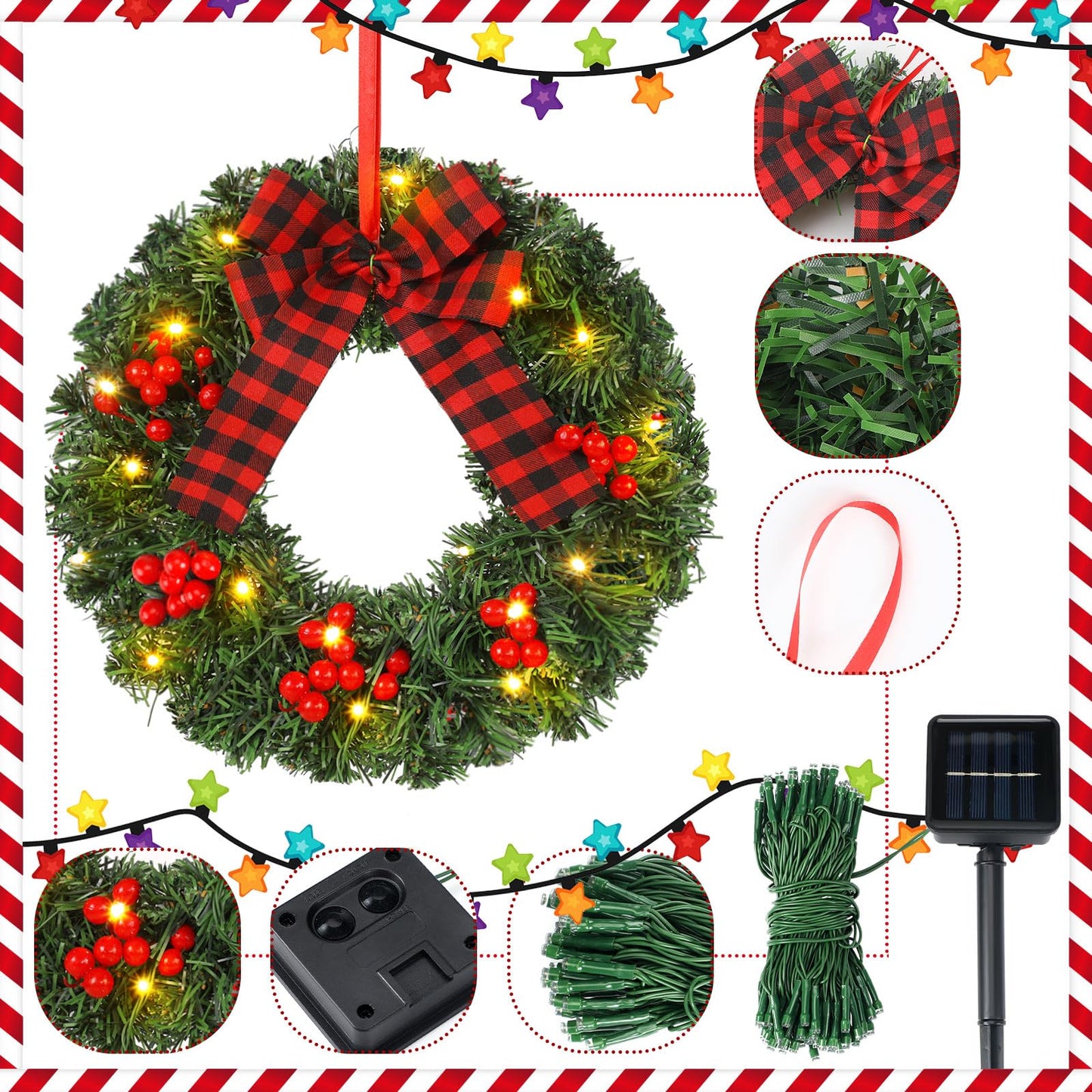 Cinnvoice Christmas Wreath Set of 3 Artificial Wreath Fence Wreath with Solar Lighted String Berry and Pine Needles Christmas Outdoor Decoration for Xmas Winter Decor Yard Stairs