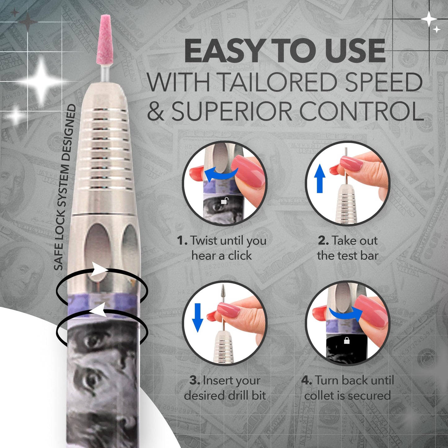 M Max - Nail Drill Professional - 2-in-1 Brushless Motor Nails Drill Machine - Electric, Cordless, Aluminium Alloy Casing, 35000