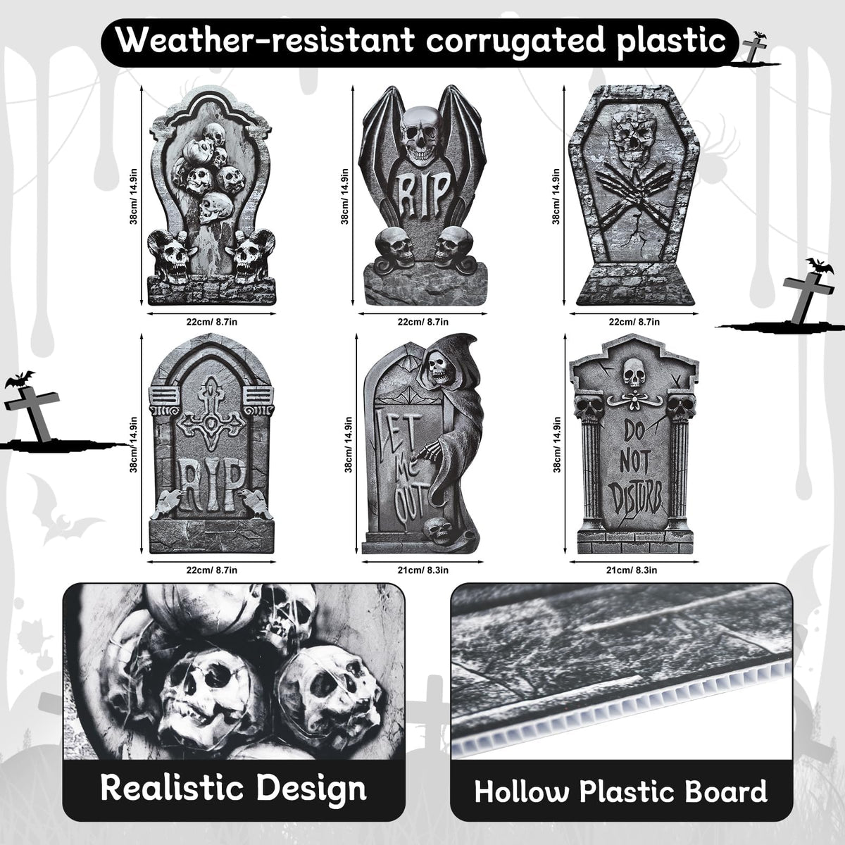 PhyLence 6-Piece Halloween Tombstone Yard Signs with Stakes - Large Eerie Graveyard Design, Spooky Skulls and RIP Messages for Haunted House, Outdoor Garden, Lawn Decor, Halloween Party Props