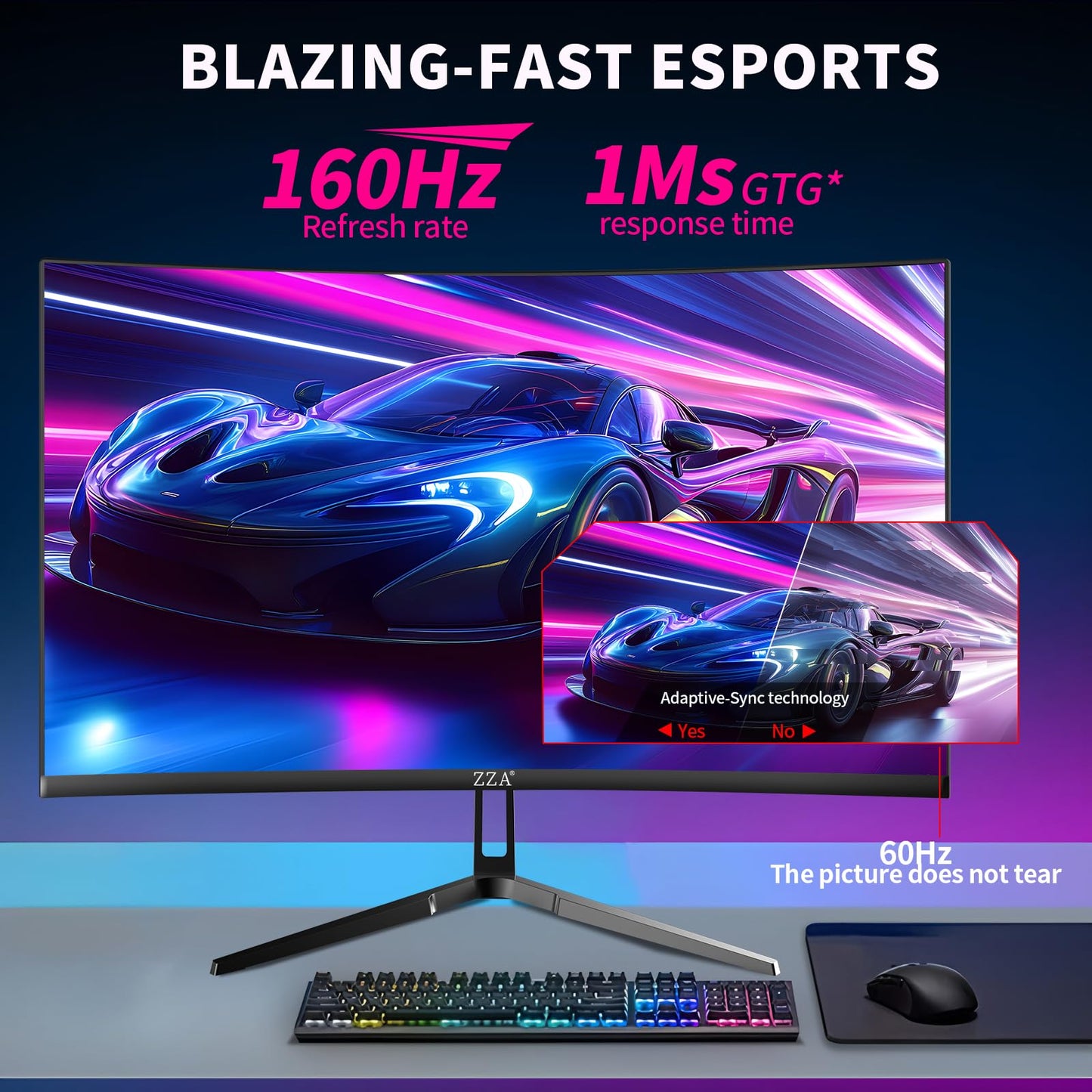ZZA 32 Inch Curved Gaming Monitor 4K 160HZ Computer Monitor UHD 3840 * 2160P VA Screen, 1500R Curved, Supports AMD Freesync, 100% sRGB, Built-in Wall Mountable Installs(HDMI 2.1/DP 1.4)